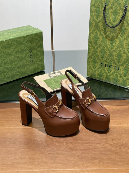 GG WOMEN'S HORSEBIT PLATFORM LOAFER SLINGBACK IN DARK BROWN CALFSKIN