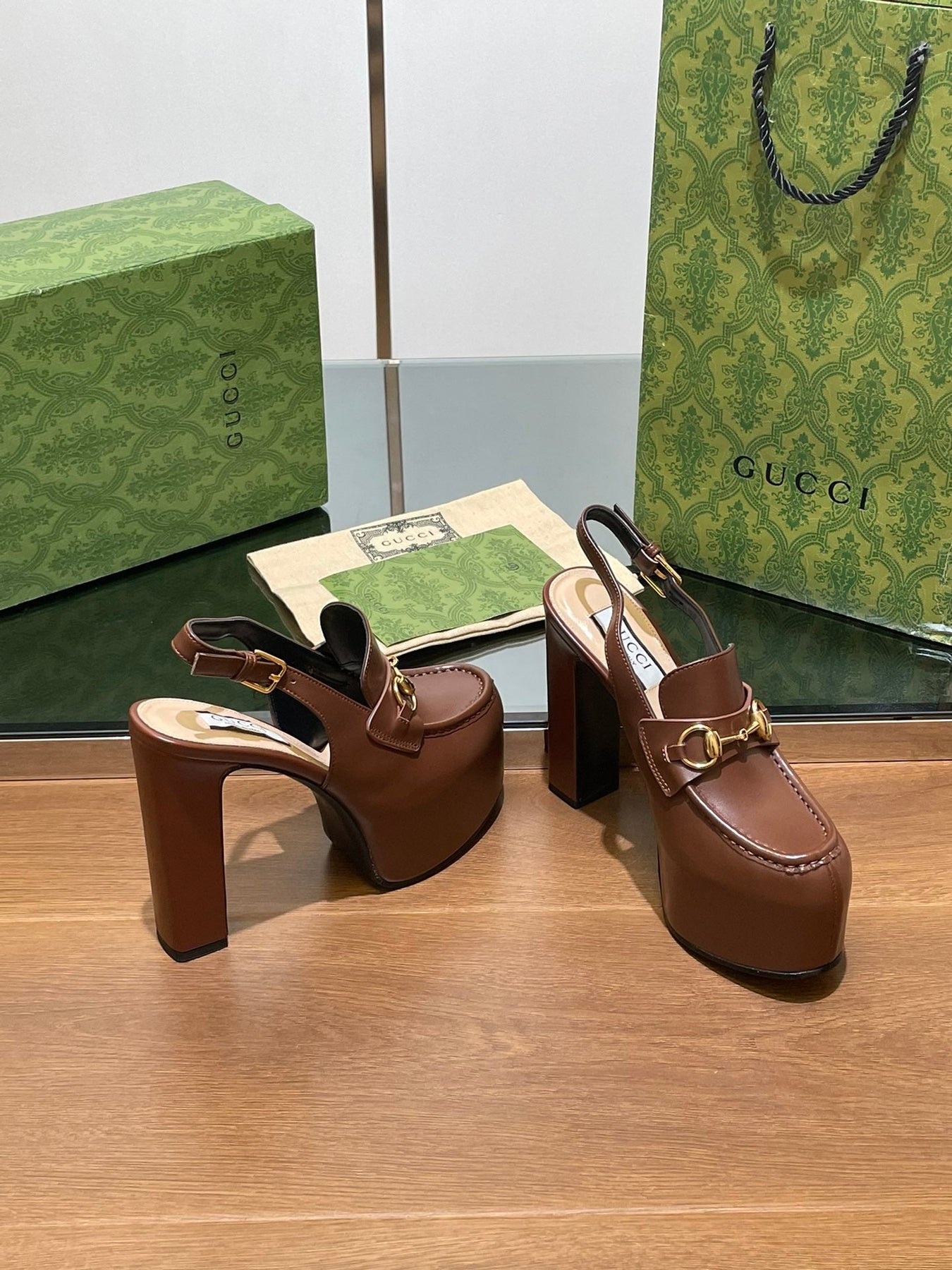 GG WOMEN'S HORSEBIT PLATFORM LOAFER SLINGBACK IN DARK BROWN CALFSKIN