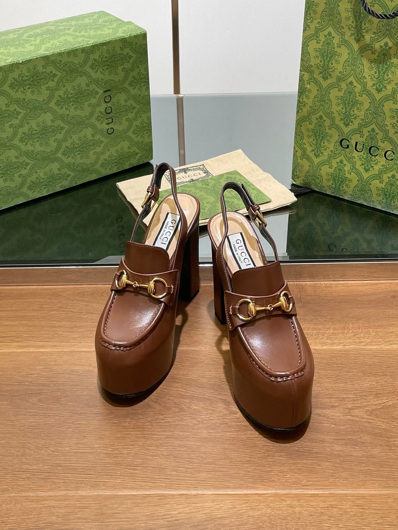 GG WOMEN'S HORSEBIT PLATFORM LOAFER SLINGBACK IN DARK BROWN CALFSKIN