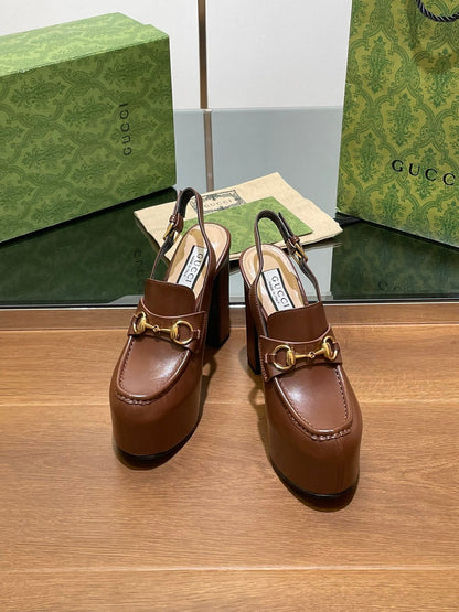 GG WOMEN'S HORSEBIT PLATFORM LOAFER SLINGBACK IN DARK BROWN CALFSKIN