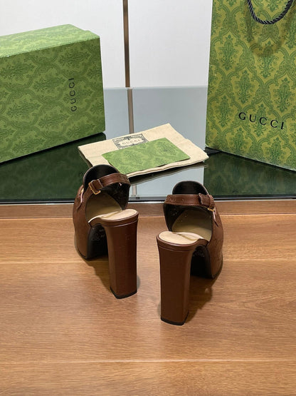 GG WOMEN'S HORSEBIT PLATFORM LOAFER SLINGBACK IN DARK BROWN EMBOSSED CALFSKIN