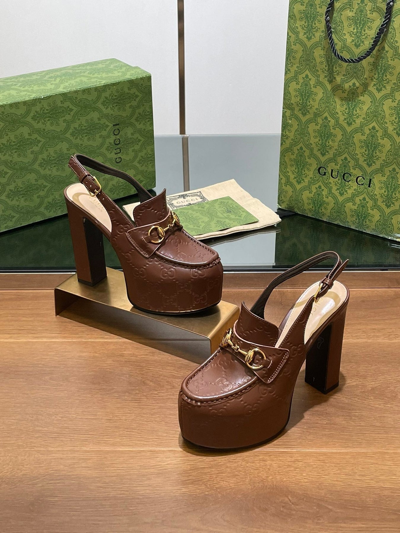 GG WOMEN'S HORSEBIT PLATFORM LOAFER SLINGBACK IN DARK BROWN EMBOSSED CALFSKIN