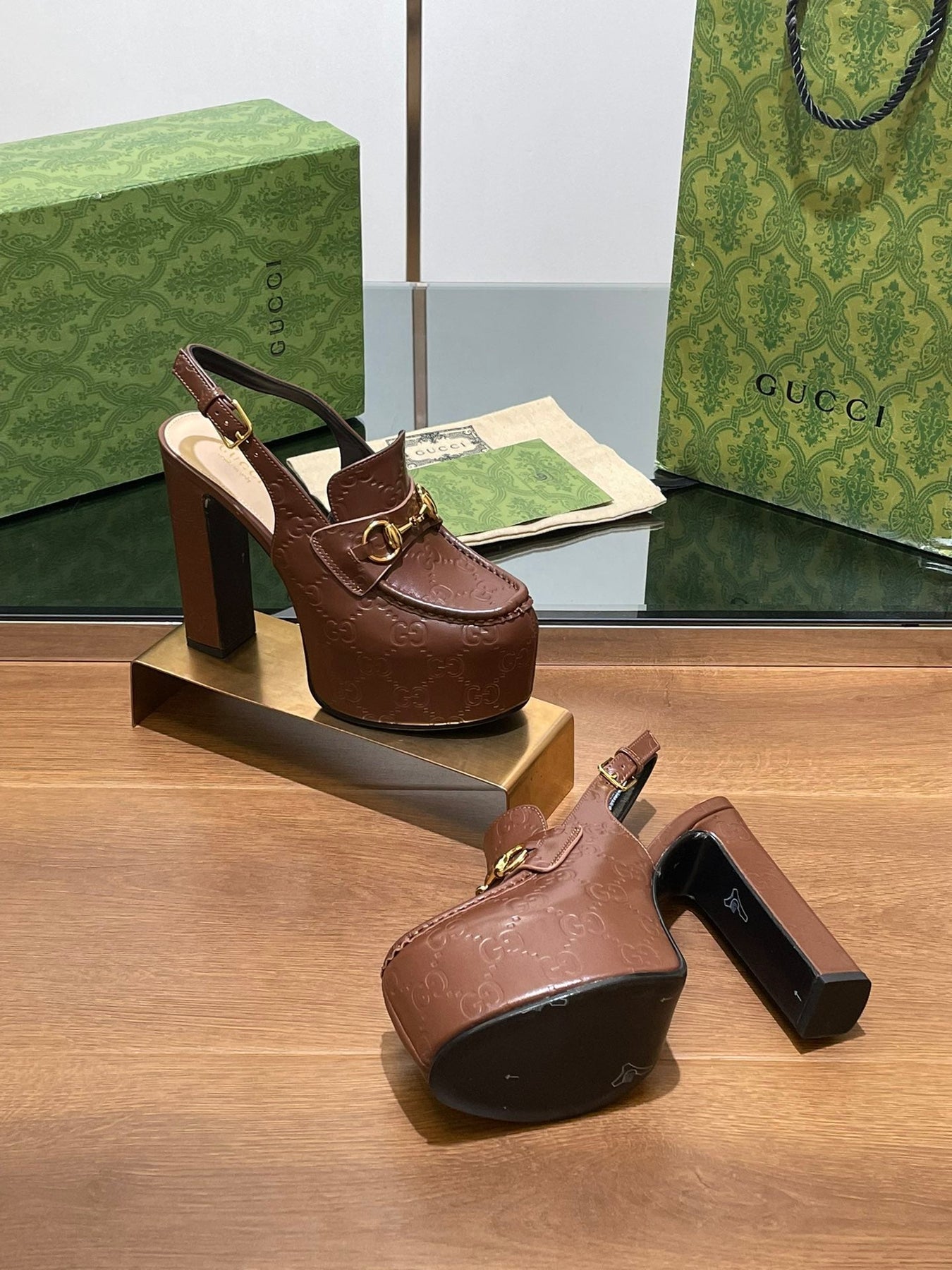 GG WOMEN'S HORSEBIT PLATFORM LOAFER SLINGBACK IN DARK BROWN EMBOSSED CALFSKIN