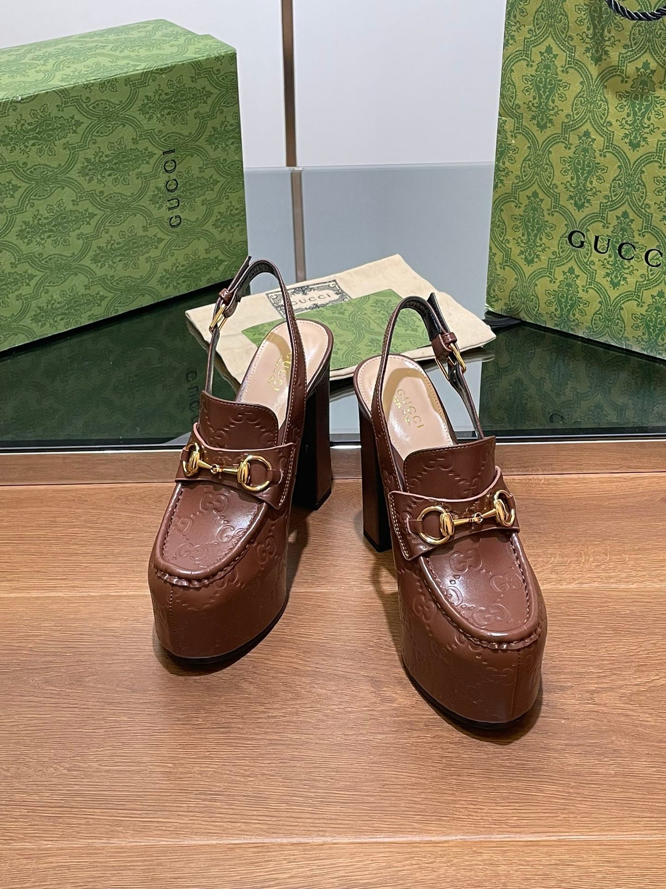 GG WOMEN'S HORSEBIT PLATFORM LOAFER SLINGBACK IN DARK BROWN EMBOSSED CALFSKIN