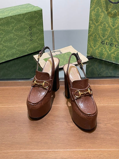 GG WOMEN'S HORSEBIT PLATFORM LOAFER SLINGBACK IN DARK BROWN EMBOSSED CALFSKIN