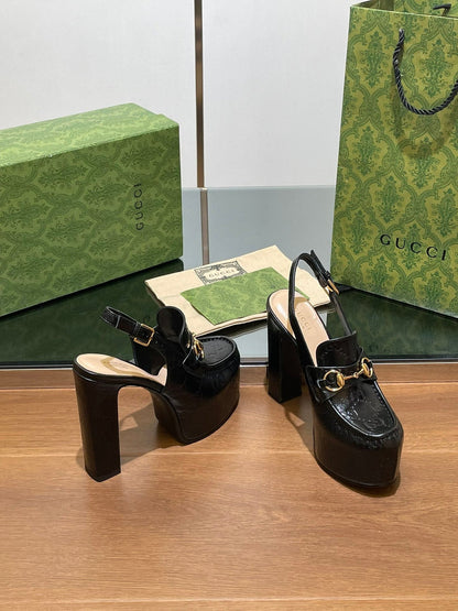 GG WOMEN'S HORSEBIT PLATFORM LOAFER SLINGBACK IN BLACK EMBOSSED CALFSKIN