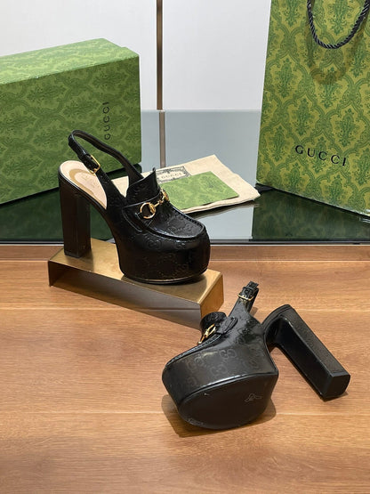 GG WOMEN'S HORSEBIT PLATFORM LOAFER SLINGBACK IN BLACK EMBOSSED CALFSKIN