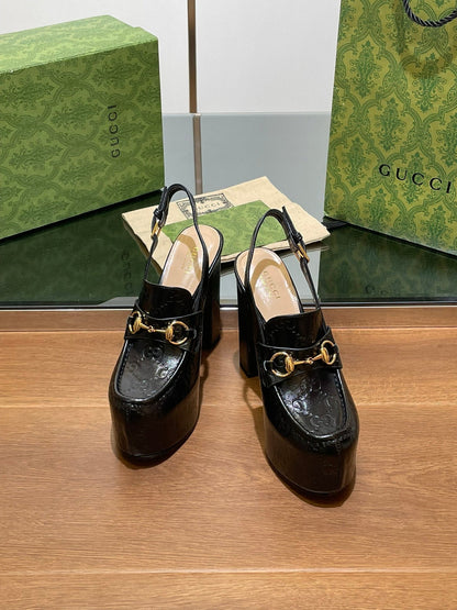 GG WOMEN'S HORSEBIT PLATFORM LOAFER SLINGBACK IN BLACK EMBOSSED CALFSKIN