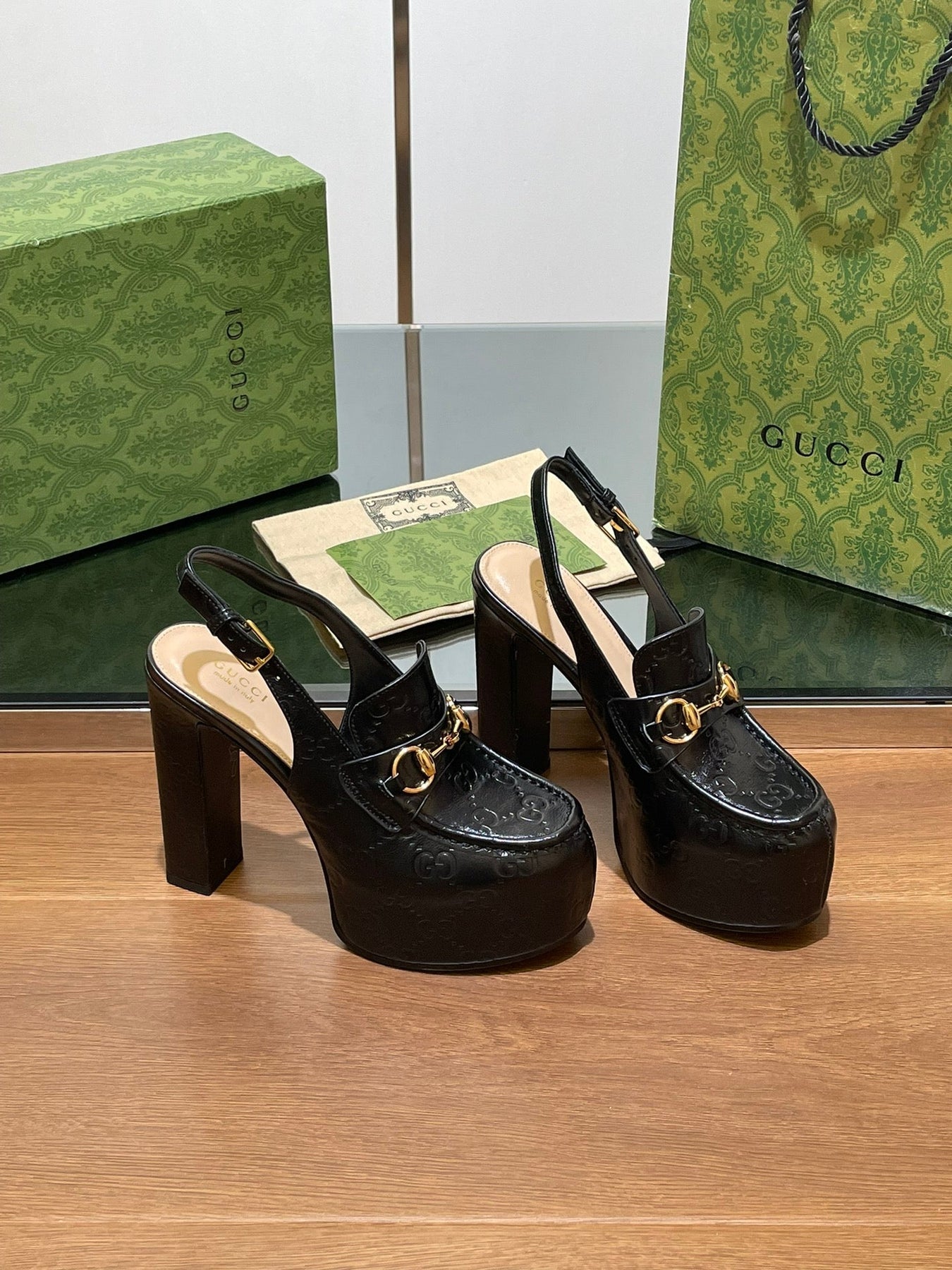 GG WOMEN'S HORSEBIT PLATFORM LOAFER SLINGBACK IN BLACK EMBOSSED CALFSKIN