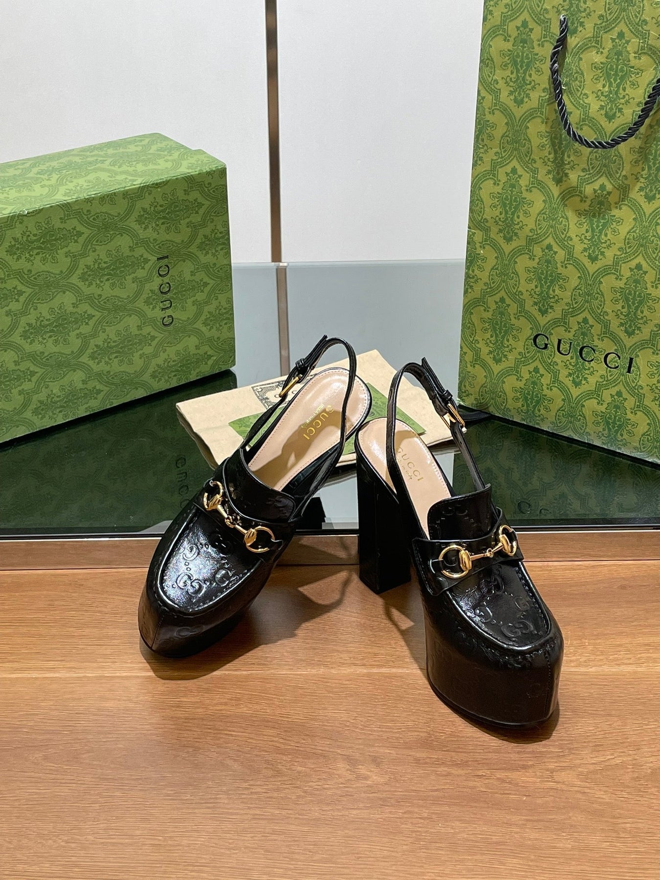 GG WOMEN'S HORSEBIT PLATFORM LOAFER SLINGBACK IN BLACK EMBOSSED CALFSKIN