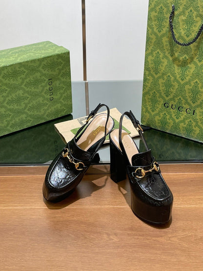 GG WOMEN'S HORSEBIT PLATFORM LOAFER SLINGBACK IN BLACK EMBOSSED CALFSKIN