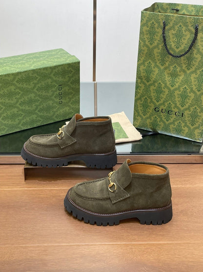 GG WOMEN'S HORSEBIT ANKLE BOOTS 4.5CM IN KHAKI GREEN SUEDE