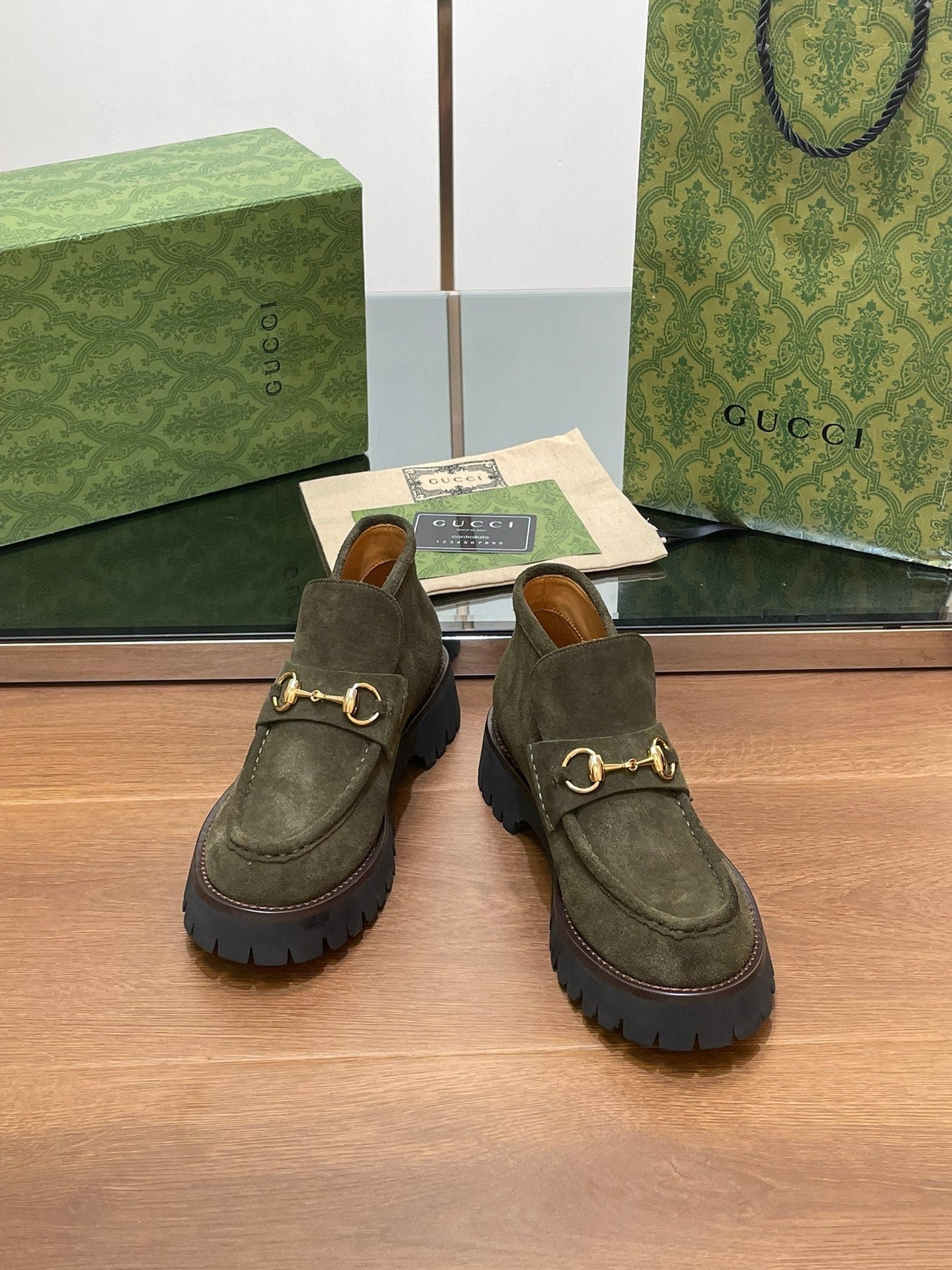 GG WOMEN'S HORSEBIT ANKLE BOOTS 4.5CM IN KHAKI GREEN SUEDE