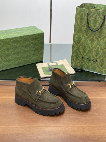 GG WOMEN'S HORSEBIT ANKLE BOOTS 4.5CM IN KHAKI GREEN SUEDE