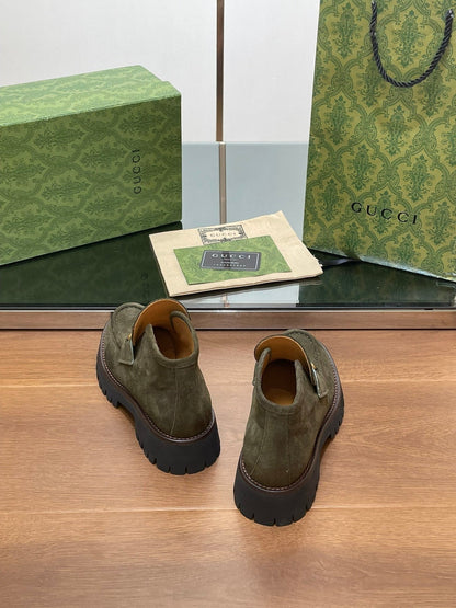 GG WOMEN'S HORSEBIT ANKLE BOOTS 4.5CM IN KHAKI GREEN SUEDE