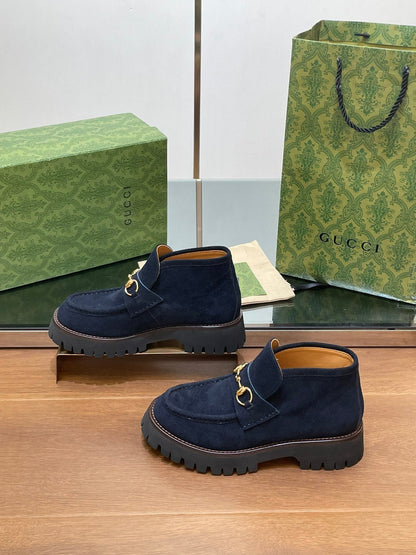 GG WOMEN'S HORSEBIT ANKLE BOOTS 4.5CM IN NAVY BLUE SUEDE