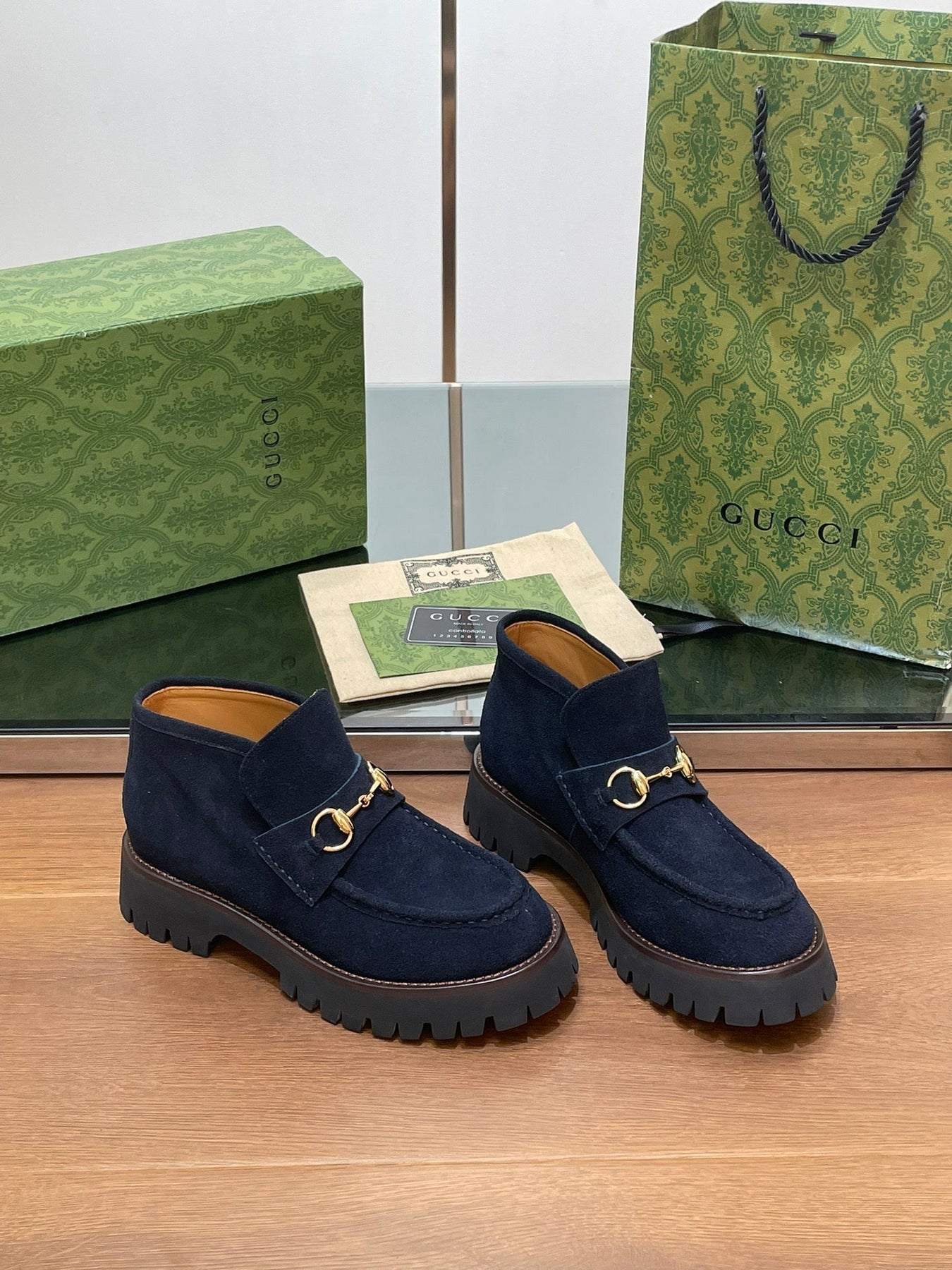 GG WOMEN'S HORSEBIT ANKLE BOOTS 4.5CM IN NAVY BLUE SUEDE