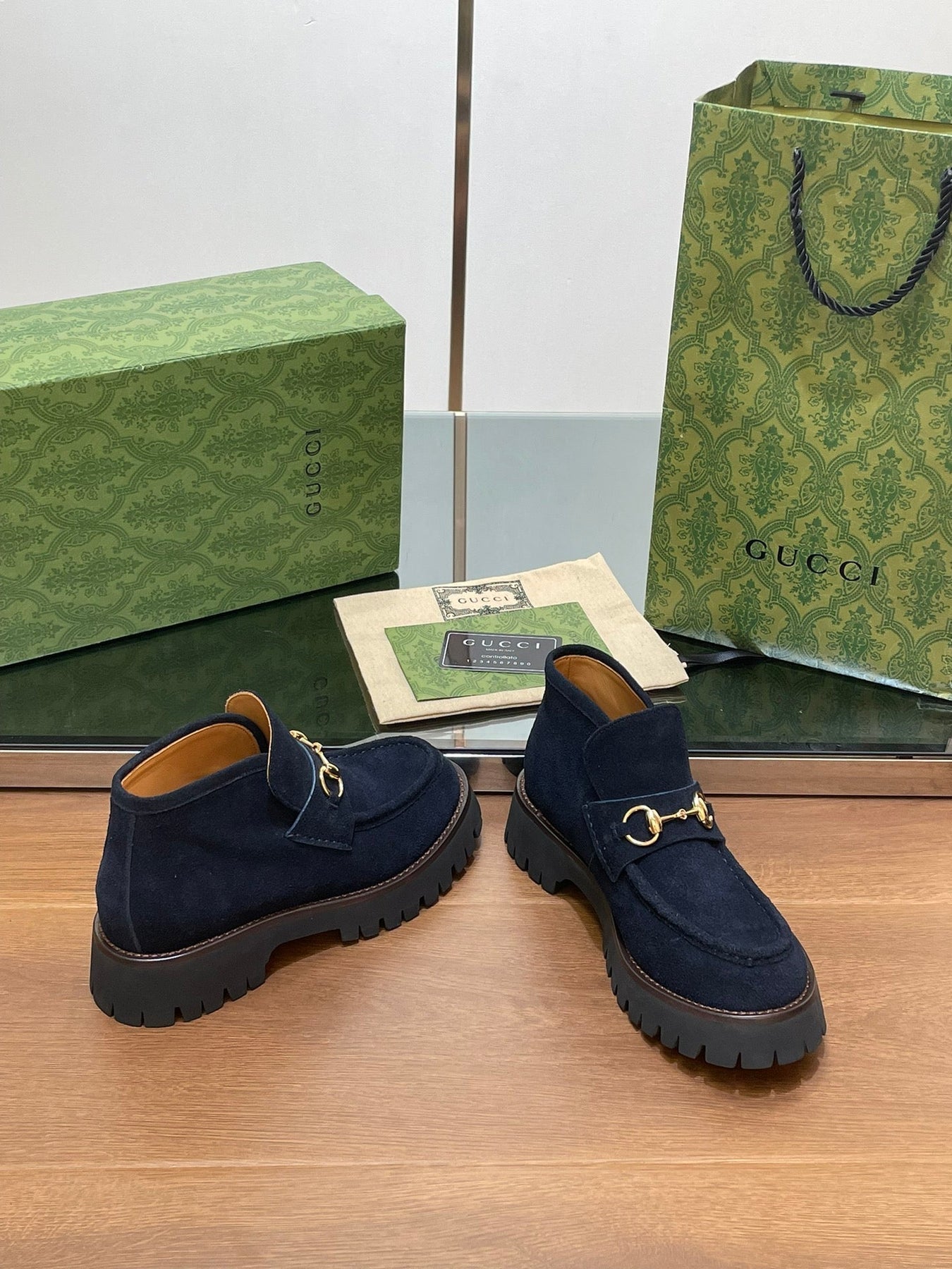 GG WOMEN'S HORSEBIT ANKLE BOOTS 4.5CM IN NAVY BLUE SUEDE