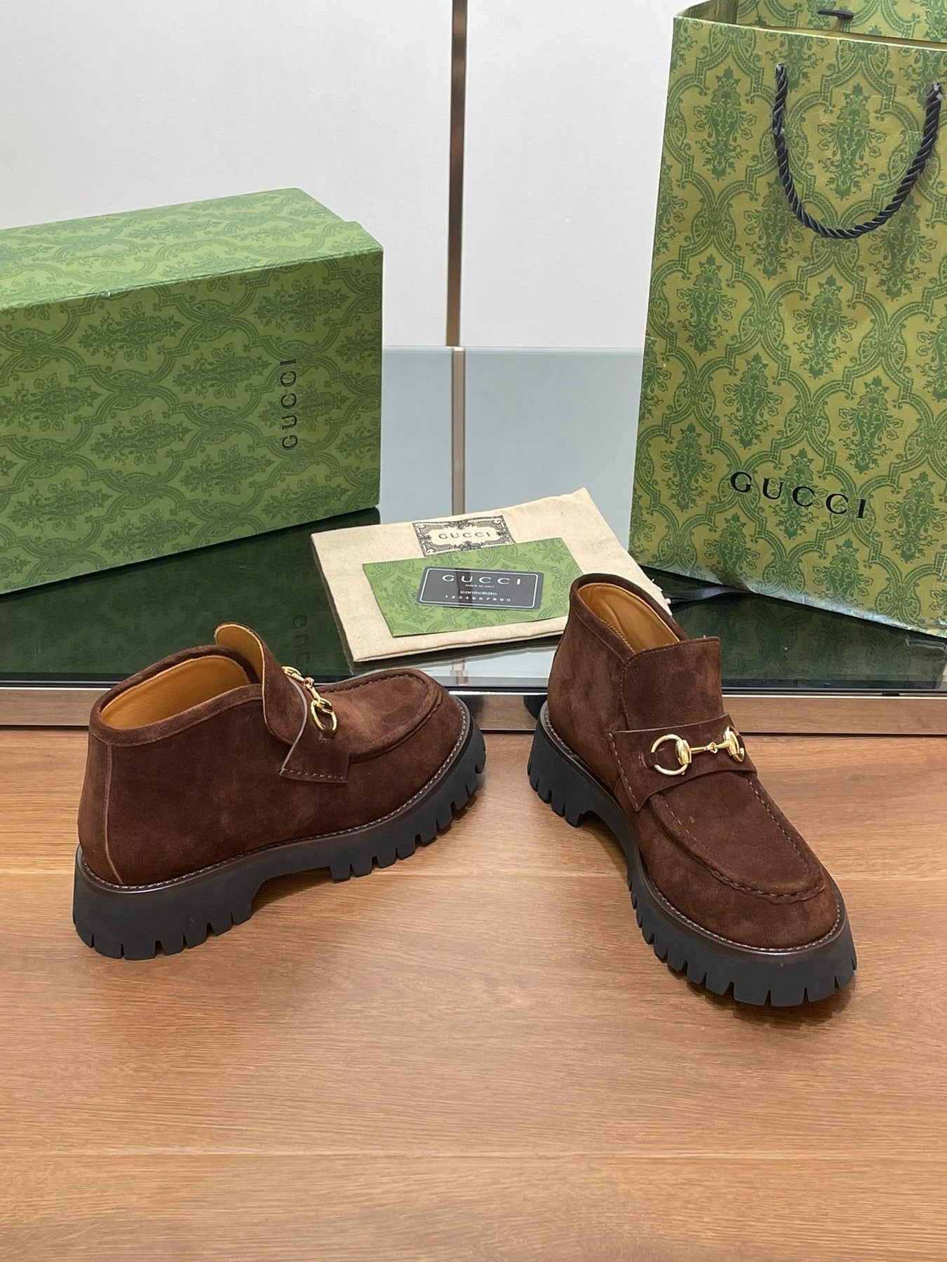 GG WOMEN'S HORSEBIT ANKLE BOOTS 4.5 CM IN DARK BROWN SUEDE