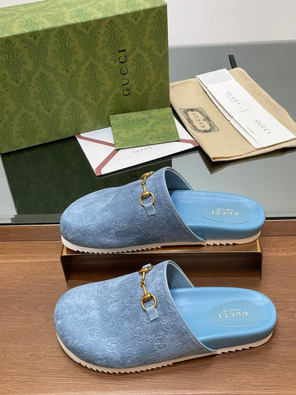 GG HORSEBIT MULE IN LIGHT BLUE EMBOSSED SUEDE AND SHEEPSKIN LINING