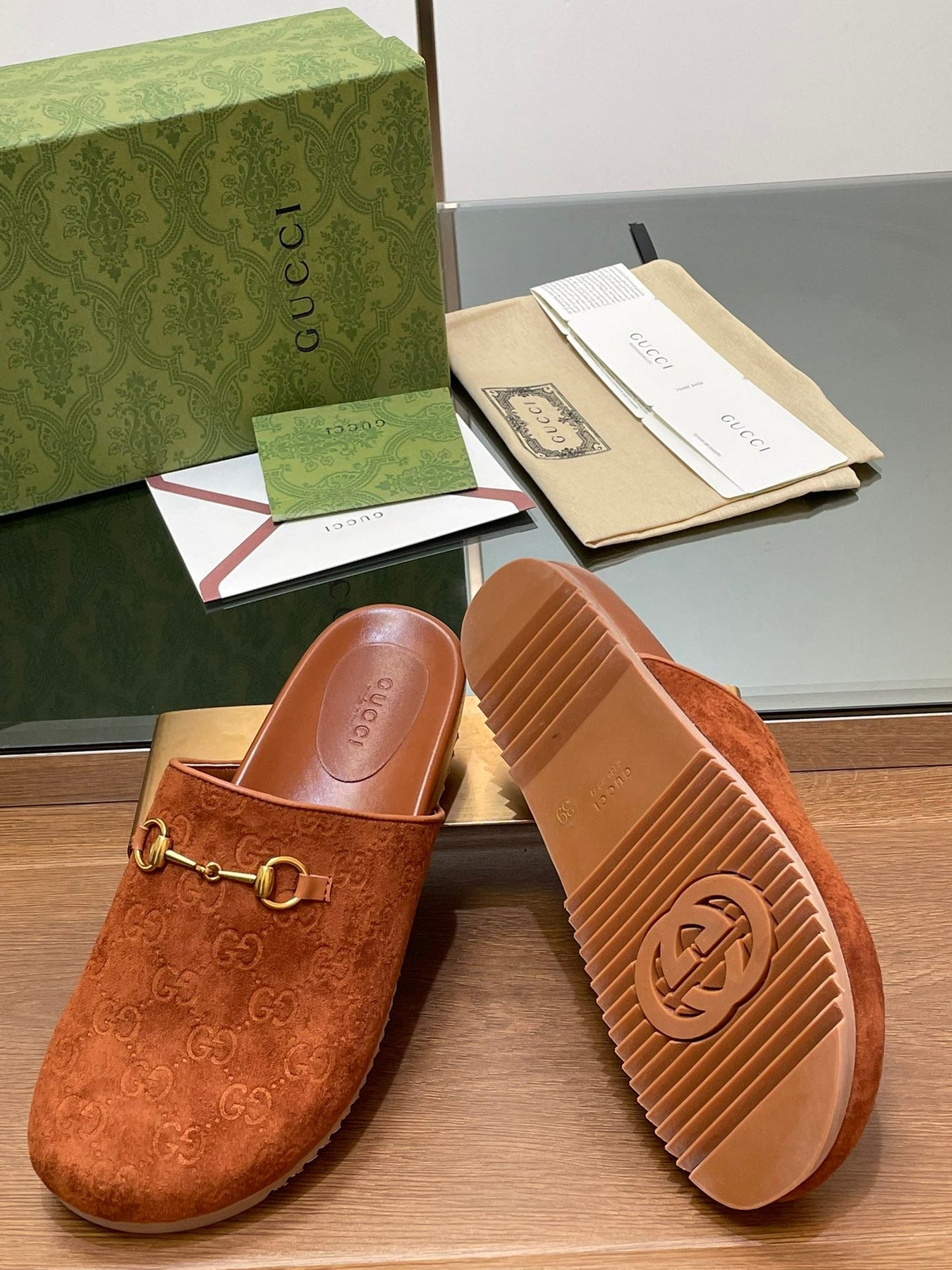 GG HORSEBIT MULE IN BURNT ORANGE EMBOSSED SUEDE AND SHEEPSKIN LINING