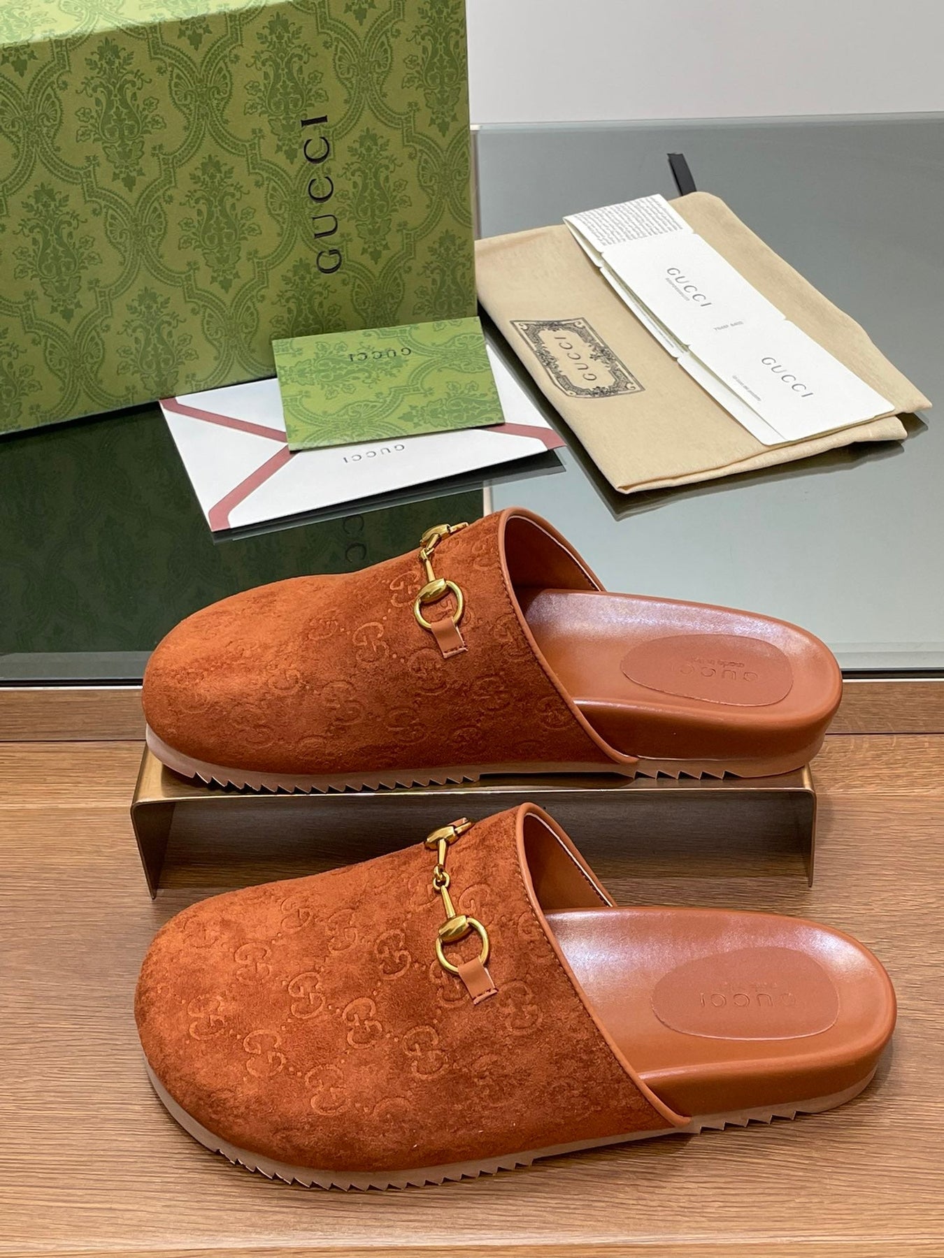 GG HORSEBIT MULE IN BURNT ORANGE EMBOSSED SUEDE AND SHEEPSKIN LINING