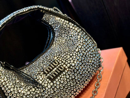 PARTY RHINESTONE BAG 17 IN BLACK FABRIC AND LEATHER TRIM