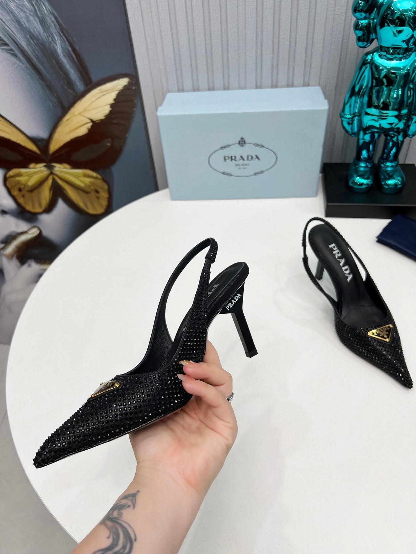 CRYSTAL SATIN HIGH-HEEL SLING BACK PUMPS BLACK