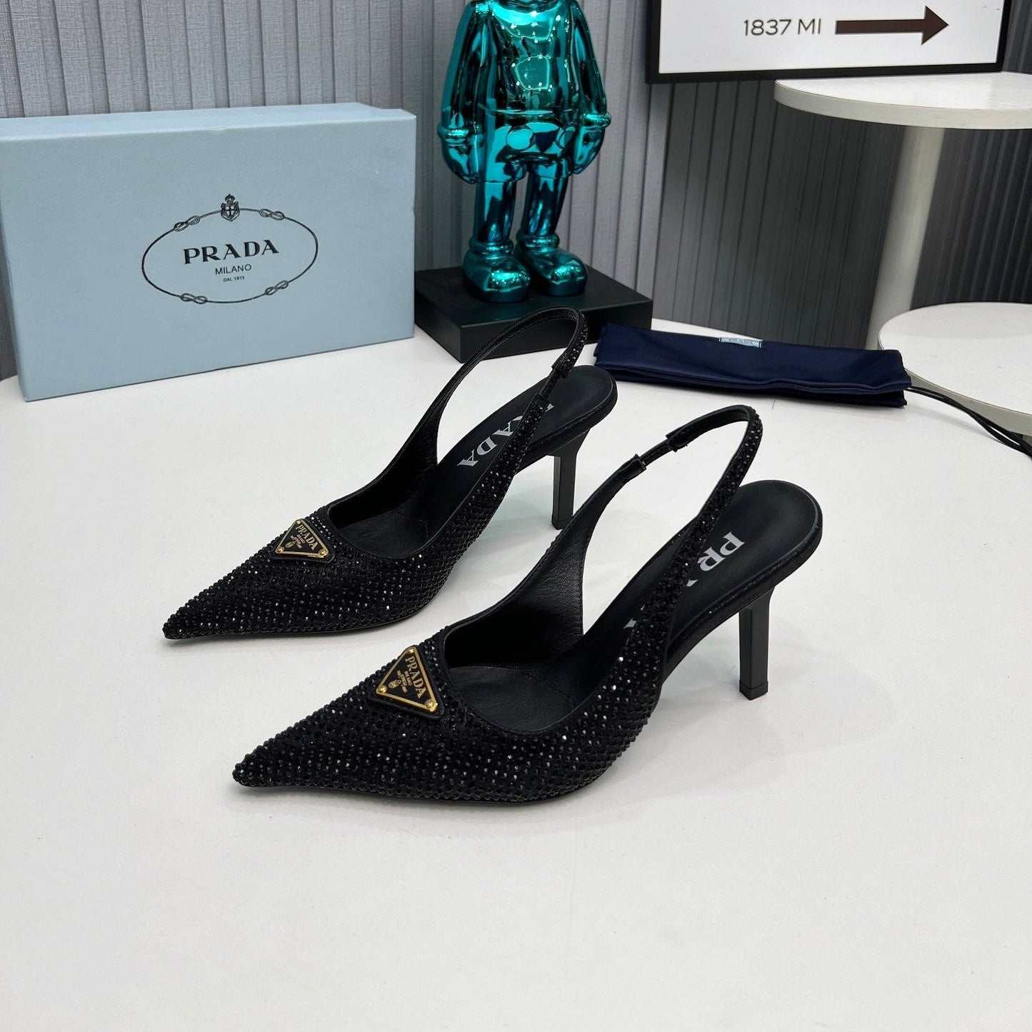 CRYSTAL SATIN HIGH-HEEL SLING BACK PUMPS BLACK