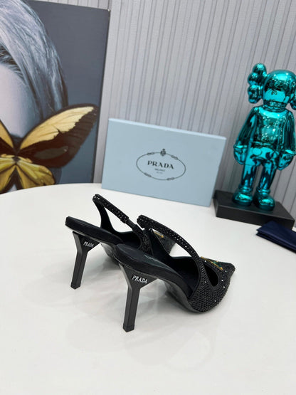 CRYSTAL SATIN HIGH-HEEL SLING BACK PUMPS BLACK