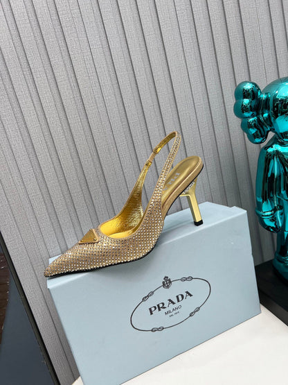 CRYSTAL SATIN HIGH-HEEL SLING BACK PUMPS GOLD