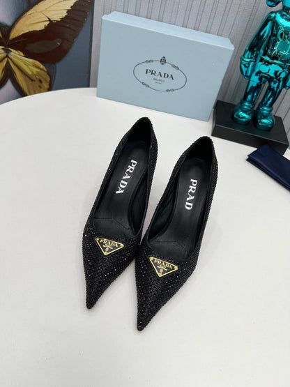 CRYSTAL HIGH-HEEL PUMPS IN BLACK SATIN WITH TRIANGLE LOGO