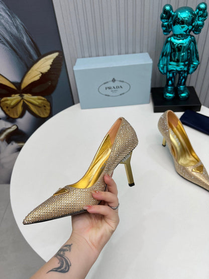 CRYSTAL HIGH-HEEL PUMPS IN GOLD SATIN WITH TRIANGLE LOGO