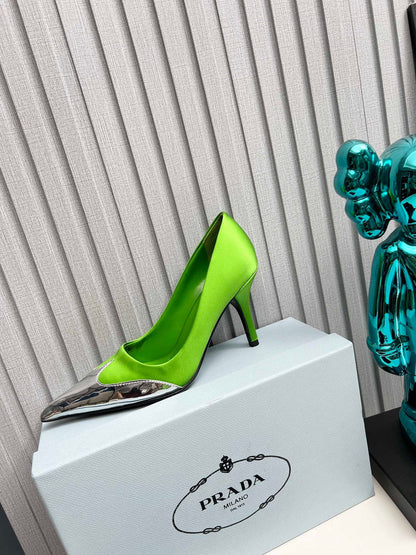 HIGH POINTED-TOE PUMPS IN LIME GREEN MIX SILVER SATIN