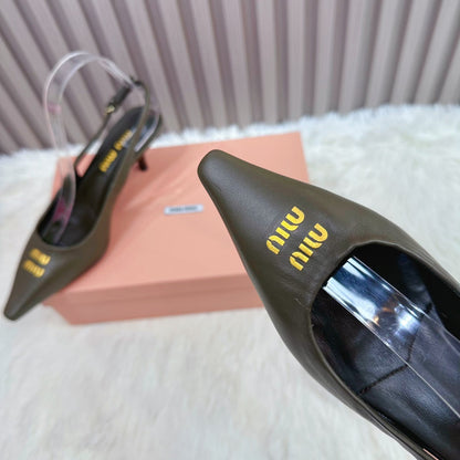 POINTED-TOE SLINGBACK IN ARMY GREEN LAMBSKIN