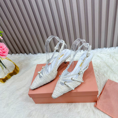 CROSS STRAP HIGH HEELED SLINGBACK IN BEIGE TWEED