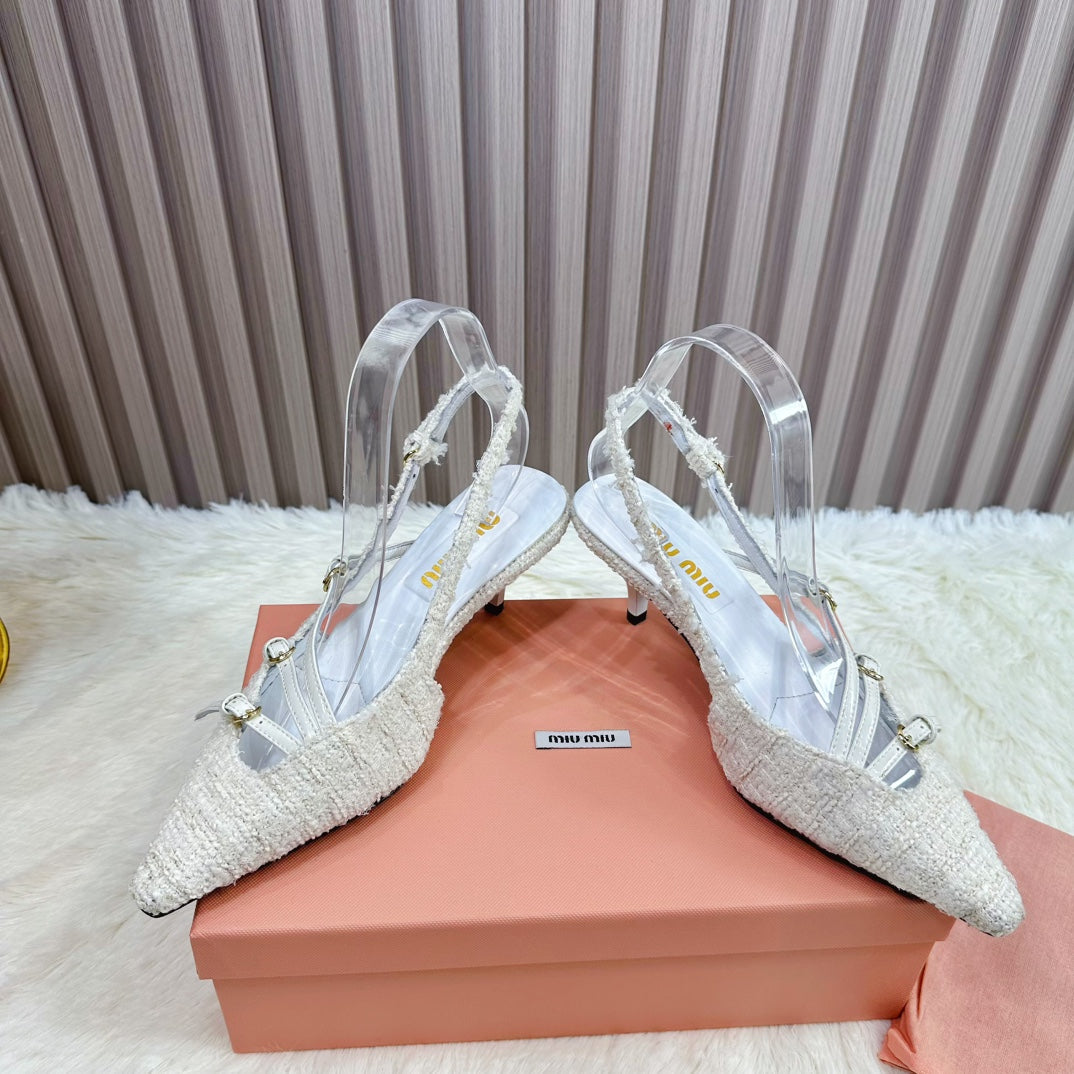 CROSS STRAP HIGH HEELED SLINGBACK IN BEIGE TWEED