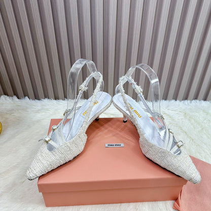 CROSS STRAP HIGH HEELED SLINGBACK IN BEIGE TWEED