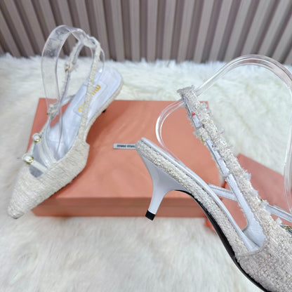 CROSS STRAP HIGH HEELED SLINGBACK IN BEIGE TWEED