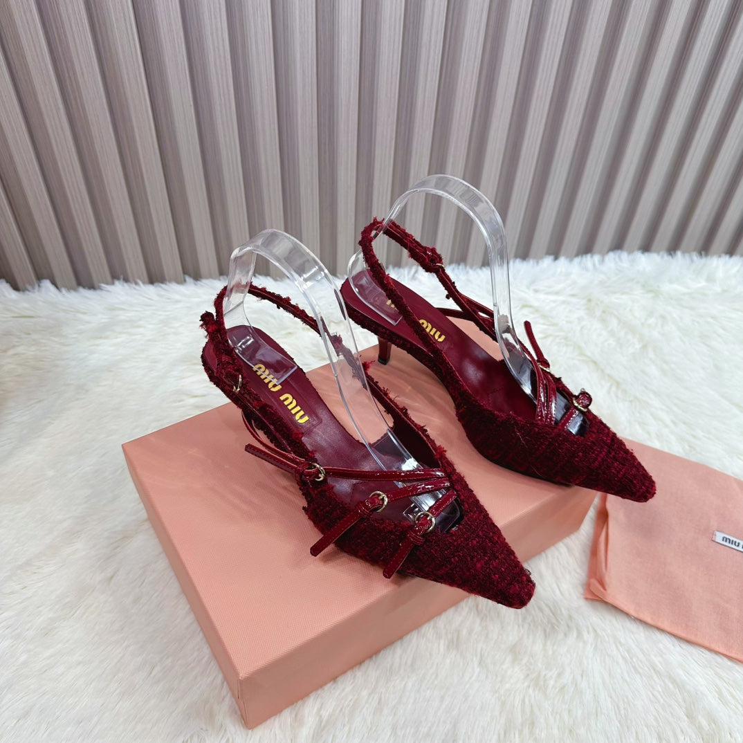 CROSS STRAP HIGH HEELED SLINGBACK IN CURRANT RED TWEED