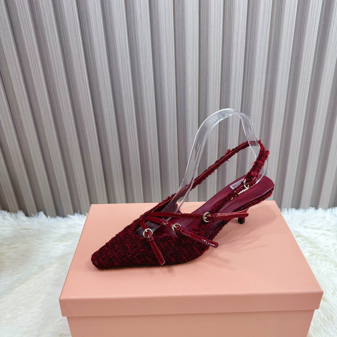 CROSS STRAP HIGH HEELED SLINGBACK IN CURRANT RED TWEED