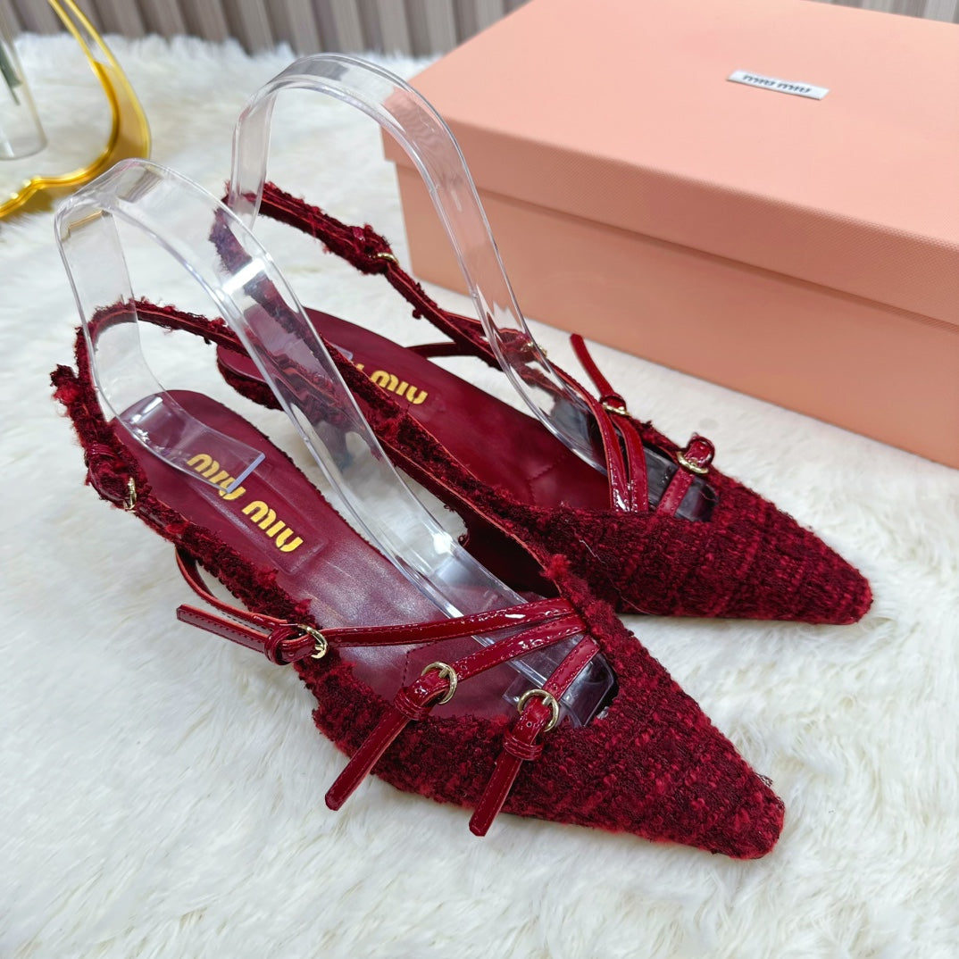 CROSS STRAP HIGH HEELED SLINGBACK IN CURRANT RED TWEED