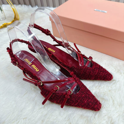 CROSS STRAP HIGH HEELED SLINGBACK IN CURRANT RED TWEED