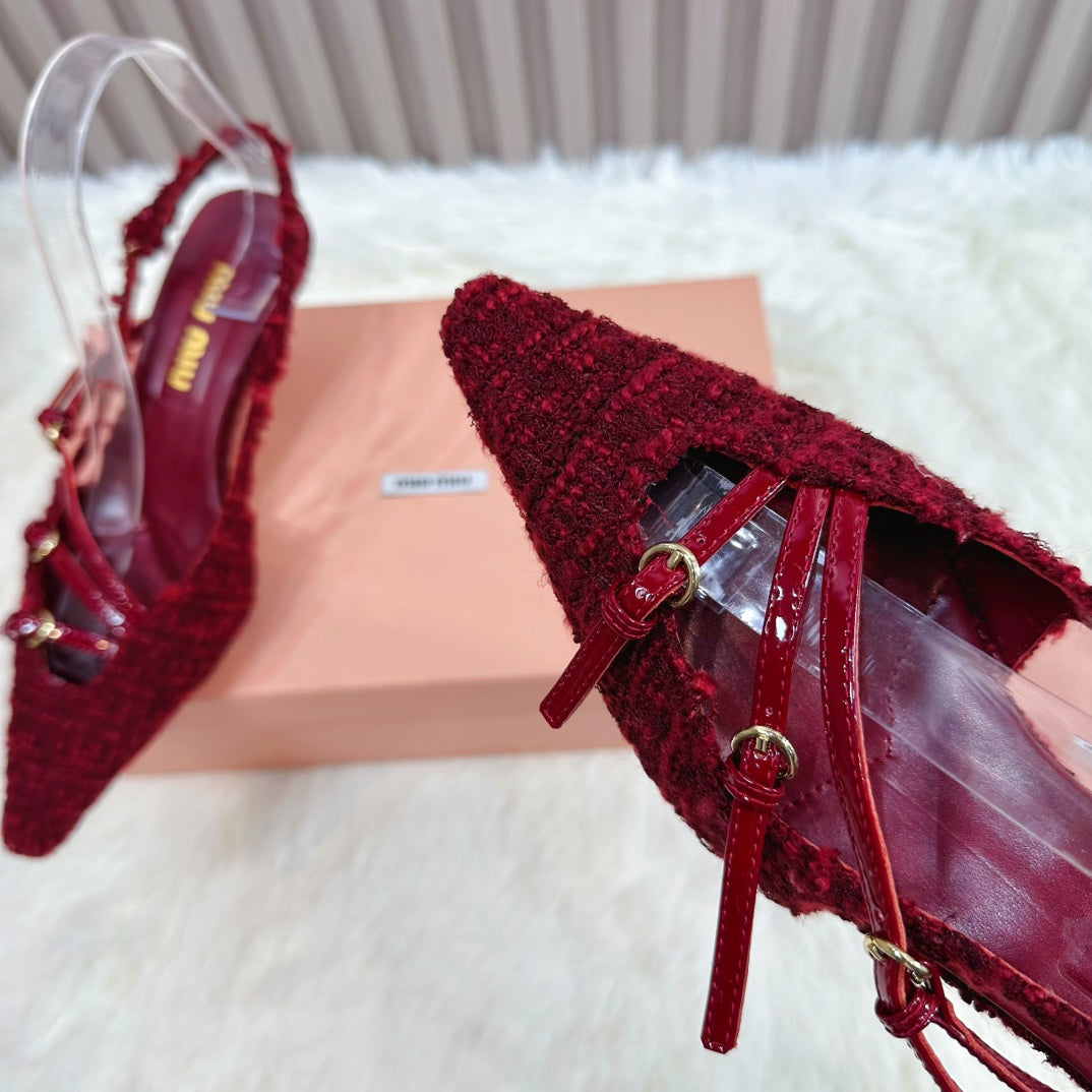 CROSS STRAP HIGH HEELED SLINGBACK IN CURRANT RED TWEED