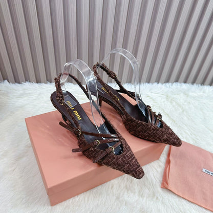 CROSS STRAP HIGH HEELED SLINGBACK IN CHOCOLATE TWEED