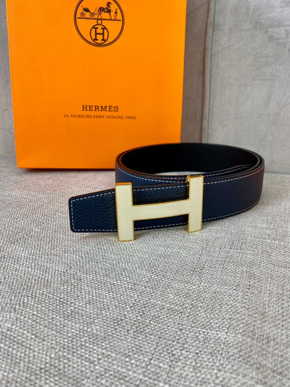 HM CONSTANCE BELT BUCKLE & REVERSIBLE NAVY BLUE LEATHER STRAP 38MM GOLD HARDWARE