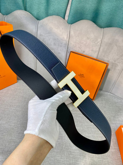 HM CONSTANCE BELT BUCKLE & REVERSIBLE NAVY BLUE LEATHER STRAP 38MM GOLD HARDWARE