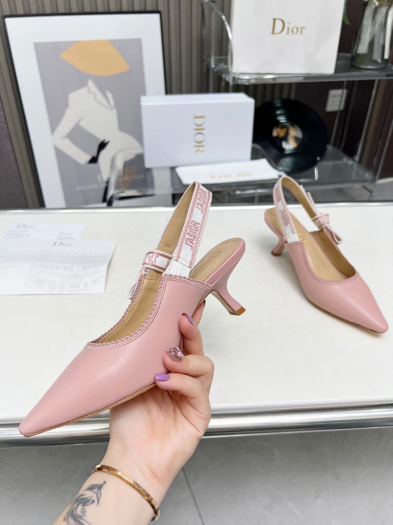 J'ADIOR SLINGBACK PUMP LIGHT PINK CALFSKIN AND EMBROIDERED FABRIC 65 MM