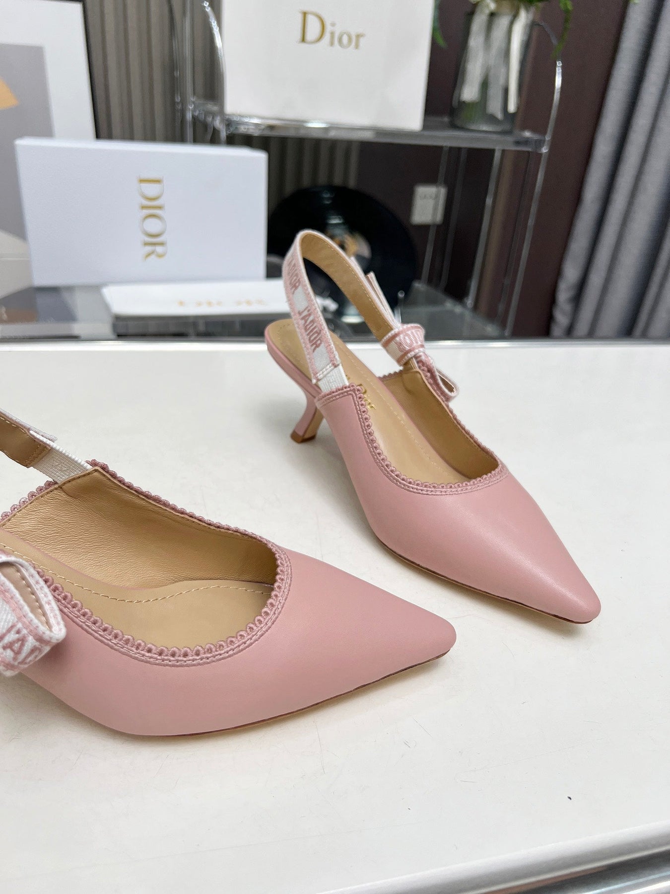 J'ADIOR SLINGBACK PUMP LIGHT PINK CALFSKIN AND EMBROIDERED FABRIC 65 MM