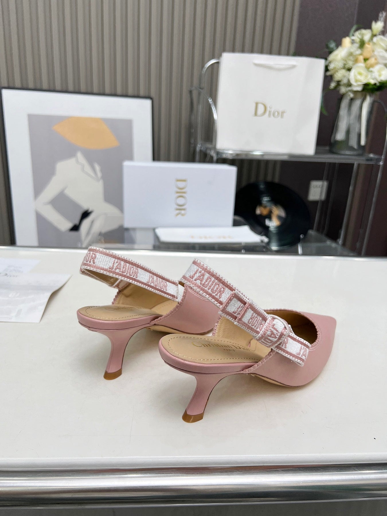 J'ADIOR SLINGBACK PUMP LIGHT PINK CALFSKIN AND EMBROIDERED FABRIC 65 MM